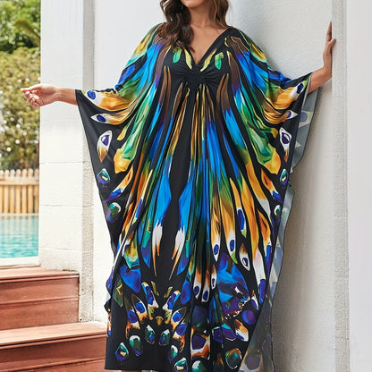 Elegant Multicolor Print Kaftan Maxi Dress for Women with V Neck Batwing Sleeve Flowing Style