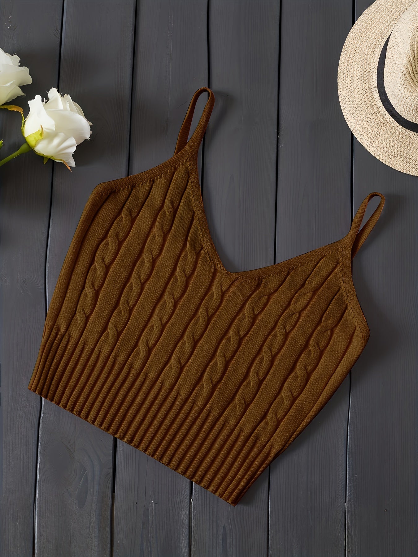 Effortless Cable Knit Tank for Women with V Neck Sleeveless Cropped Ribbed Casual Style