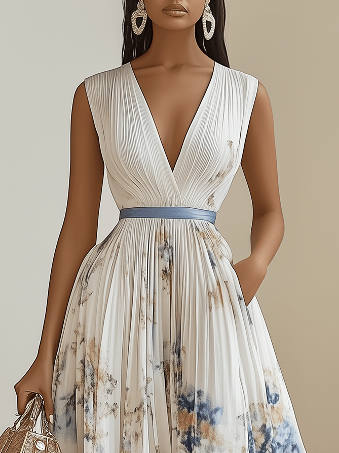 Elegant White Floral Midi Dress for Women with V Neck Sleeveless Pleated Belted Flowing Style