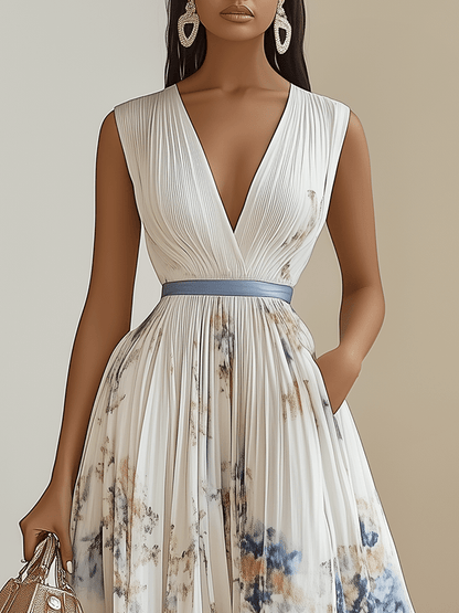 Elegant White Floral Midi Dress for Women with V Neck Sleeveless Pleated Belted Flowing Style