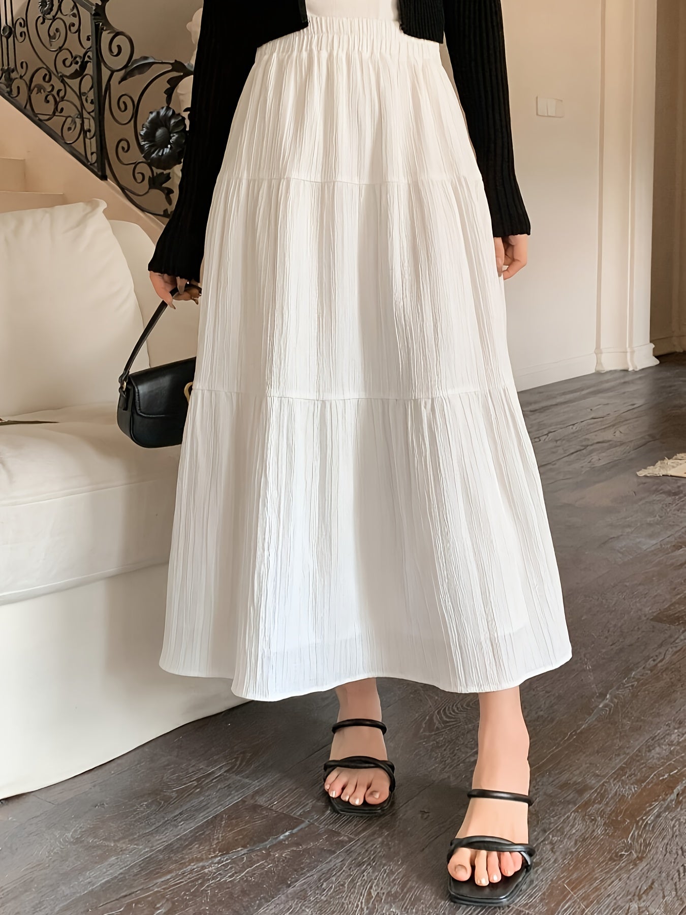 Effortless White Crinkle Maxi Skirt for Women with Elastic Waist Tiered A Line Flowing Style