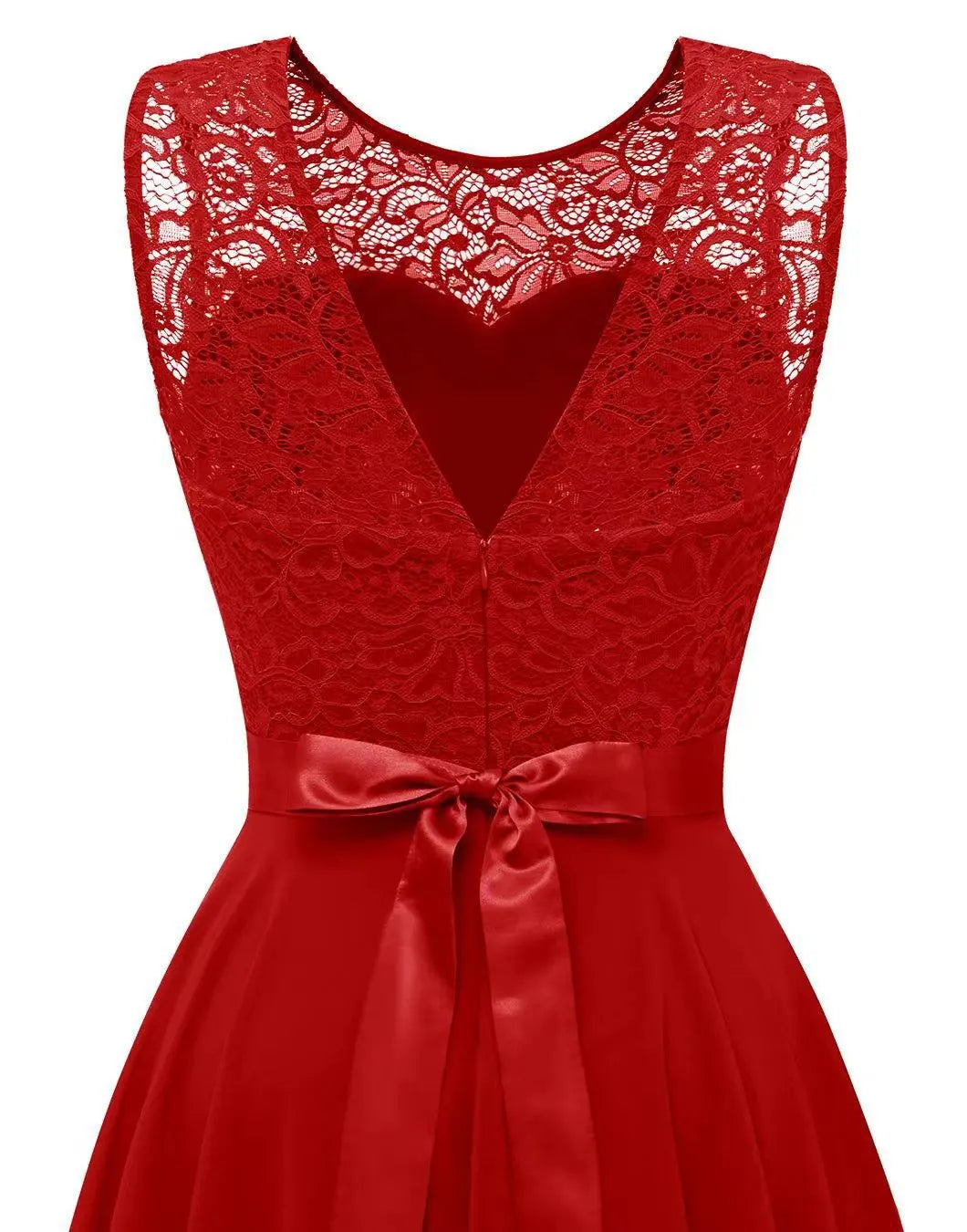Elegant Lace Chiffon High Low Dress for Women with Round Neck Sleeveless Fit Flare Formal Wedding Guest Style