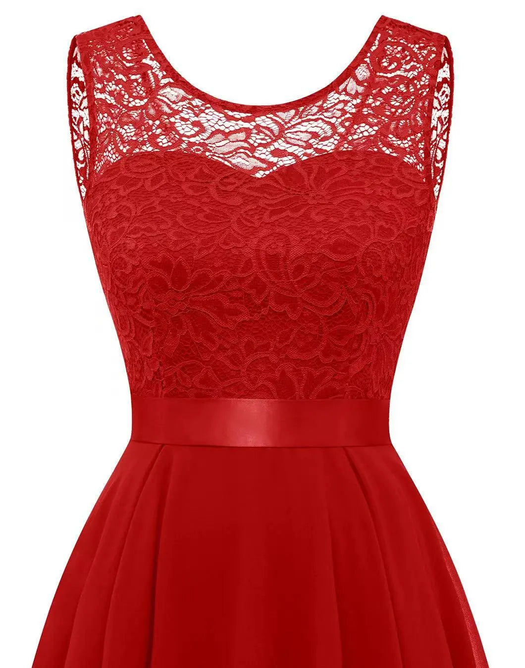 Elegant Lace Chiffon High Low Dress for Women with Round Neck Sleeveless Fit Flare Formal Wedding Guest Style