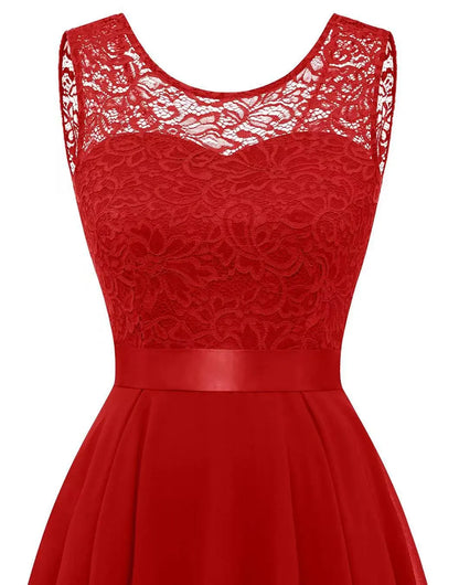 Elegant Lace Chiffon High Low Dress for Women with Round Neck Sleeveless Fit Flare Formal Wedding Guest Style
