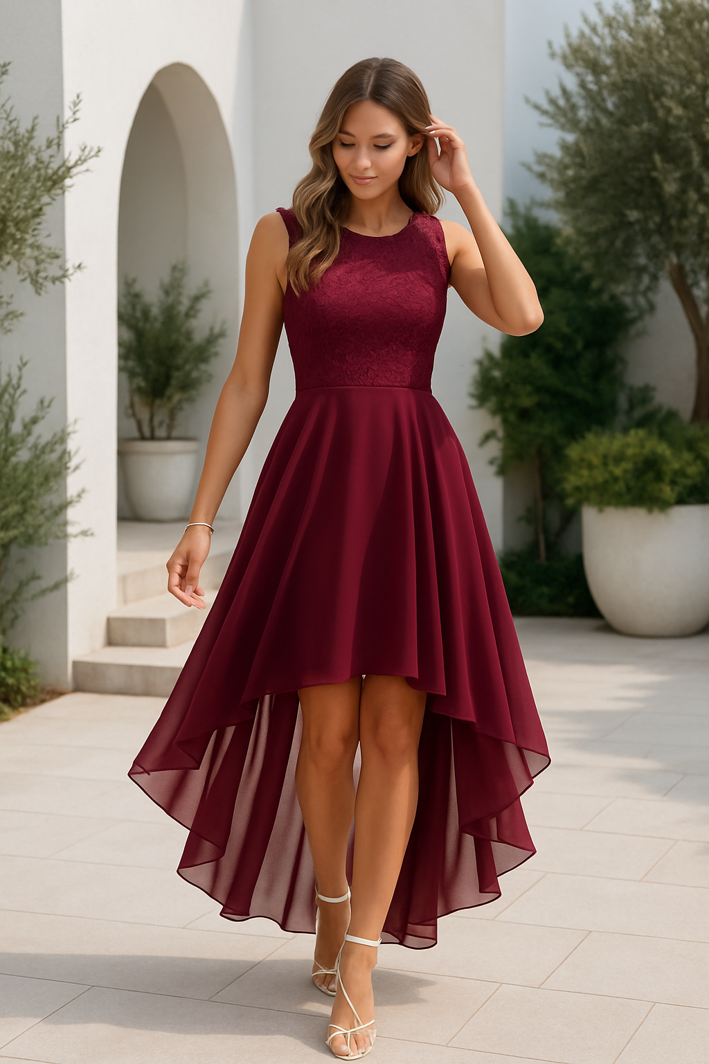Elegant Lace Chiffon High Low Dress for Women with Round Neck Sleeveless Fit Flare Formal Wedding Guest Style