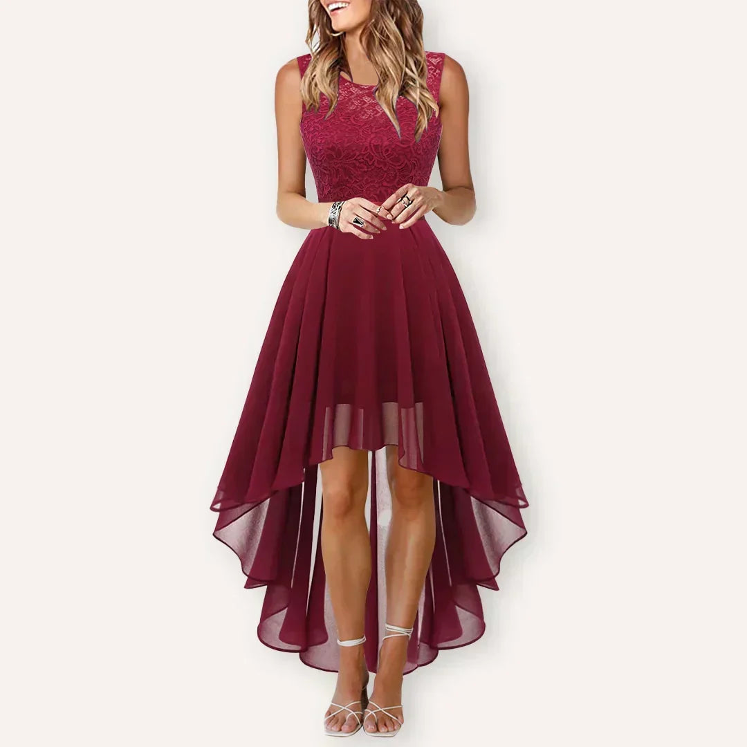 Elegant Lace Chiffon High Low Dress for Women with Round Neck Sleeveless Fit Flare Formal Wedding Guest Style