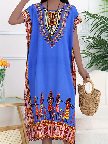 Effortless Tribal Print Kaftan Maxi Dress for Women with V Neck Short Sleeve Flowing Bohemian Style