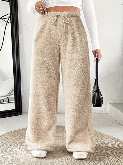 Comfortable Fuzzy Fleece Wide Leg Pants for Women with High Waist Drawstring Relaxed Casual Style