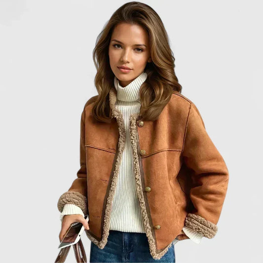 Elegant Brown Shearling Trim Jacket for Women with Round Neck Long Sleeve Button Front Relaxed Style