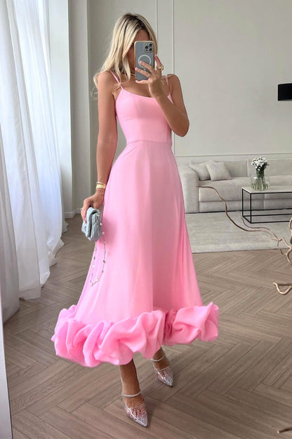 Elegant Ruffle Hem Midi Dress for Women with Square Neck Spaghetti Strap Flowing A Line Style