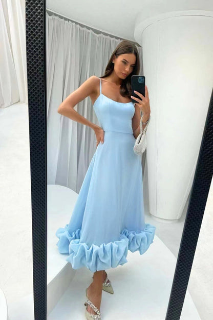 Elegant Ruffle Hem Midi Dress for Women with Square Neck Spaghetti Strap Flowing A Line Style