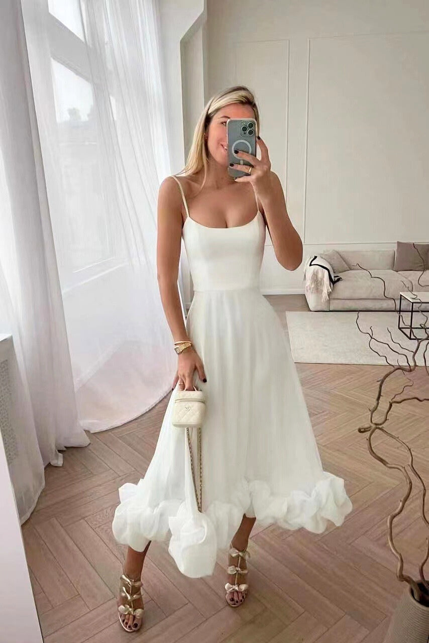 Elegant Ruffle Hem Midi Dress for Women with Square Neck Spaghetti Strap Flowing A Line Style
