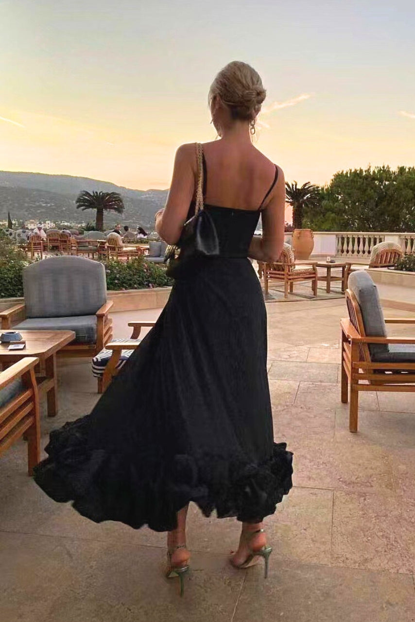 Elegant Ruffle Hem Midi Dress for Women with Square Neck Spaghetti Strap Flowing A Line Style