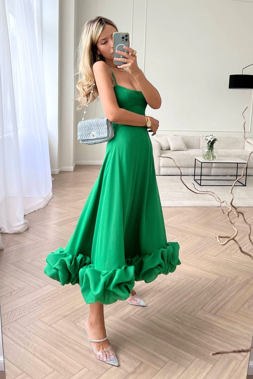Elegant Ruffle Hem Midi Dress for Women with Square Neck Spaghetti Strap Flowing A Line Style