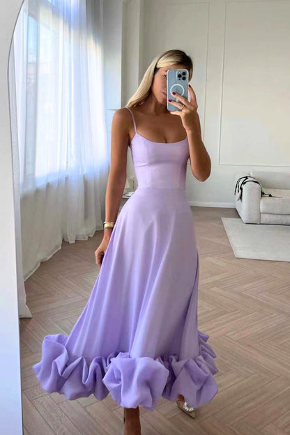 Elegant Ruffle Hem Midi Dress for Women with Square Neck Spaghetti Strap Flowing A Line Style