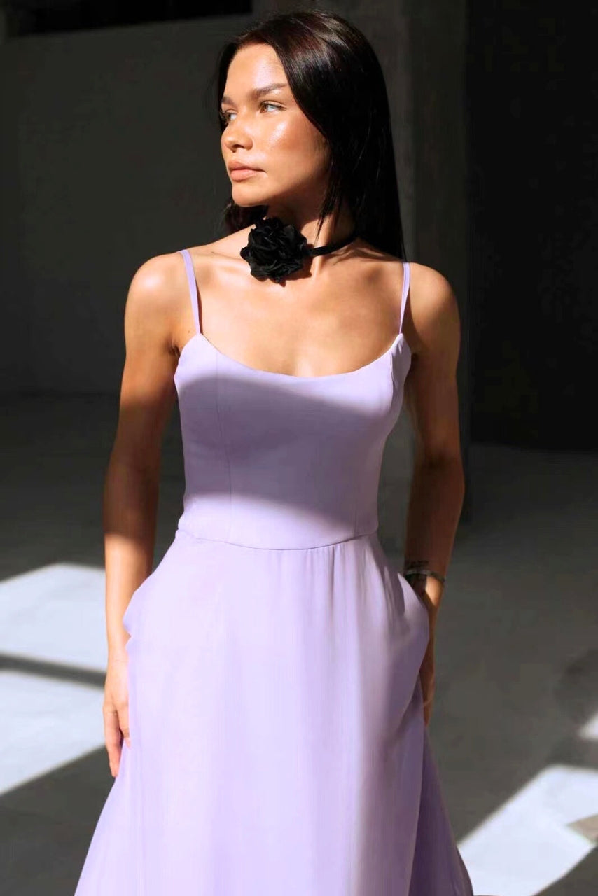 Elegant Ruffle Hem Midi Dress for Women with Square Neck Spaghetti Strap Flowing A Line Style