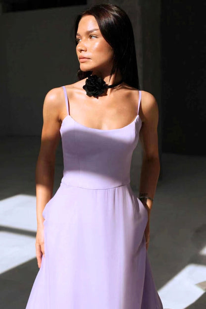 Elegant Ruffle Hem Midi Dress for Women with Square Neck Spaghetti Strap Flowing A Line Style