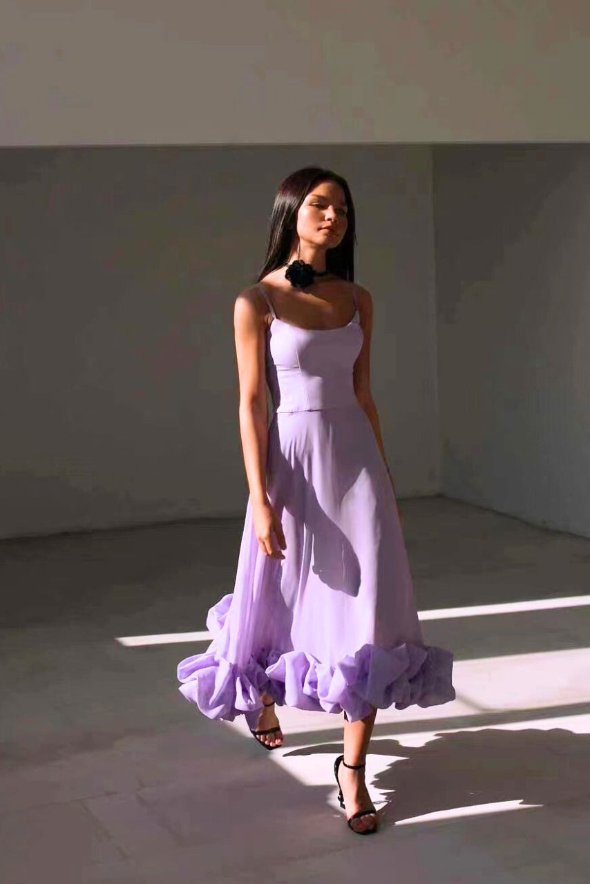 Elegant Ruffle Hem Midi Dress for Women with Square Neck Spaghetti Strap Flowing A Line Style