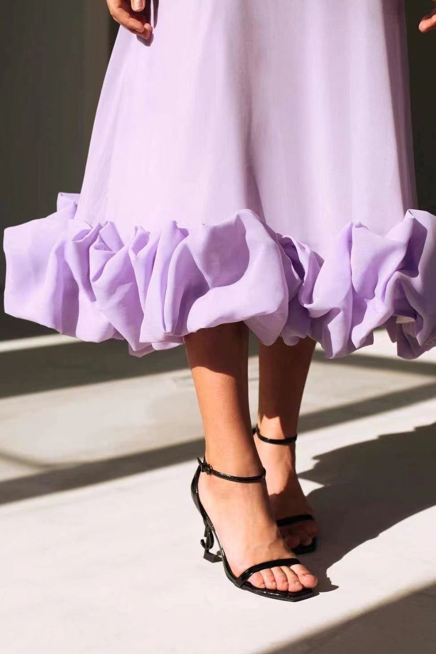 Elegant Ruffle Hem Midi Dress for Women with Square Neck Spaghetti Strap Flowing A Line Style