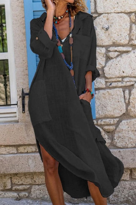 Effortless Linen Maxi Dress for Women with Collar Long Sleeve Button Front Bohemian Style