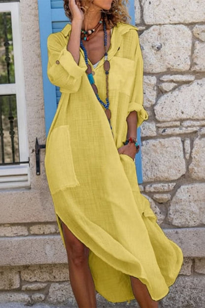 Effortless Linen Maxi Dress for Women with Collar Long Sleeve Button Front Bohemian Style