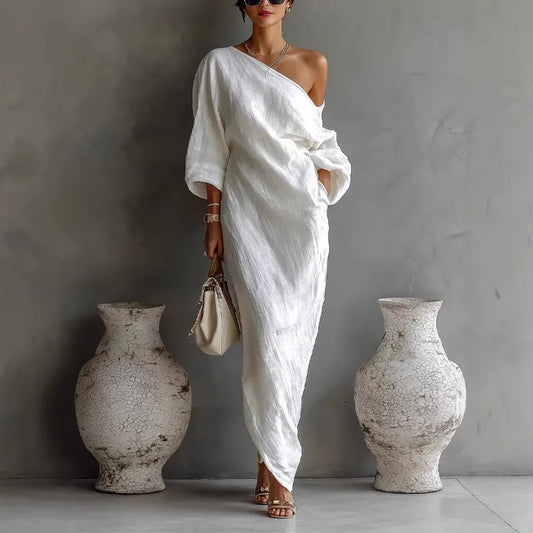 Elegant Linen Maxi Dress for Women with One Shoulder Batwing Sleeve Draped Flowing Style