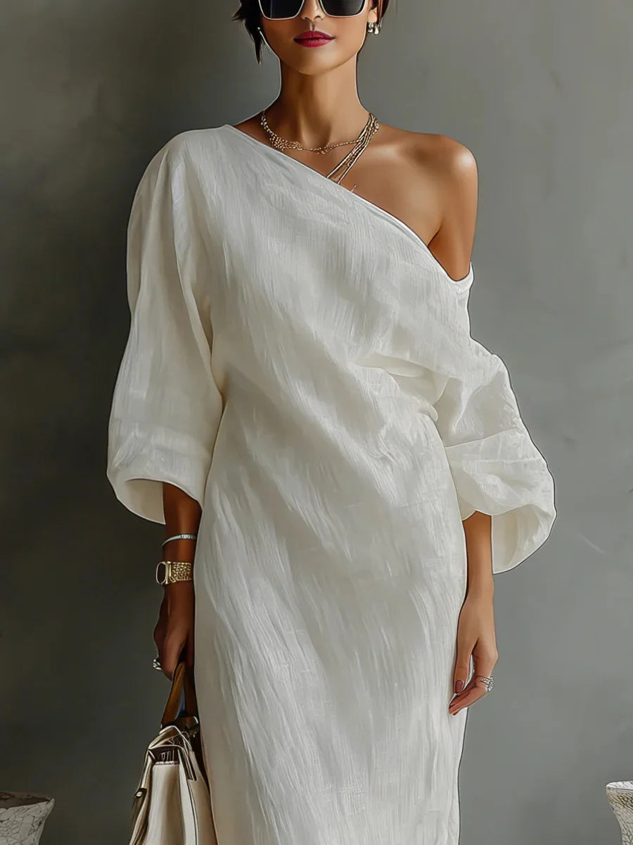 Elegant Linen Maxi Dress for Women with One Shoulder Batwing Sleeve Draped Flowing Style
