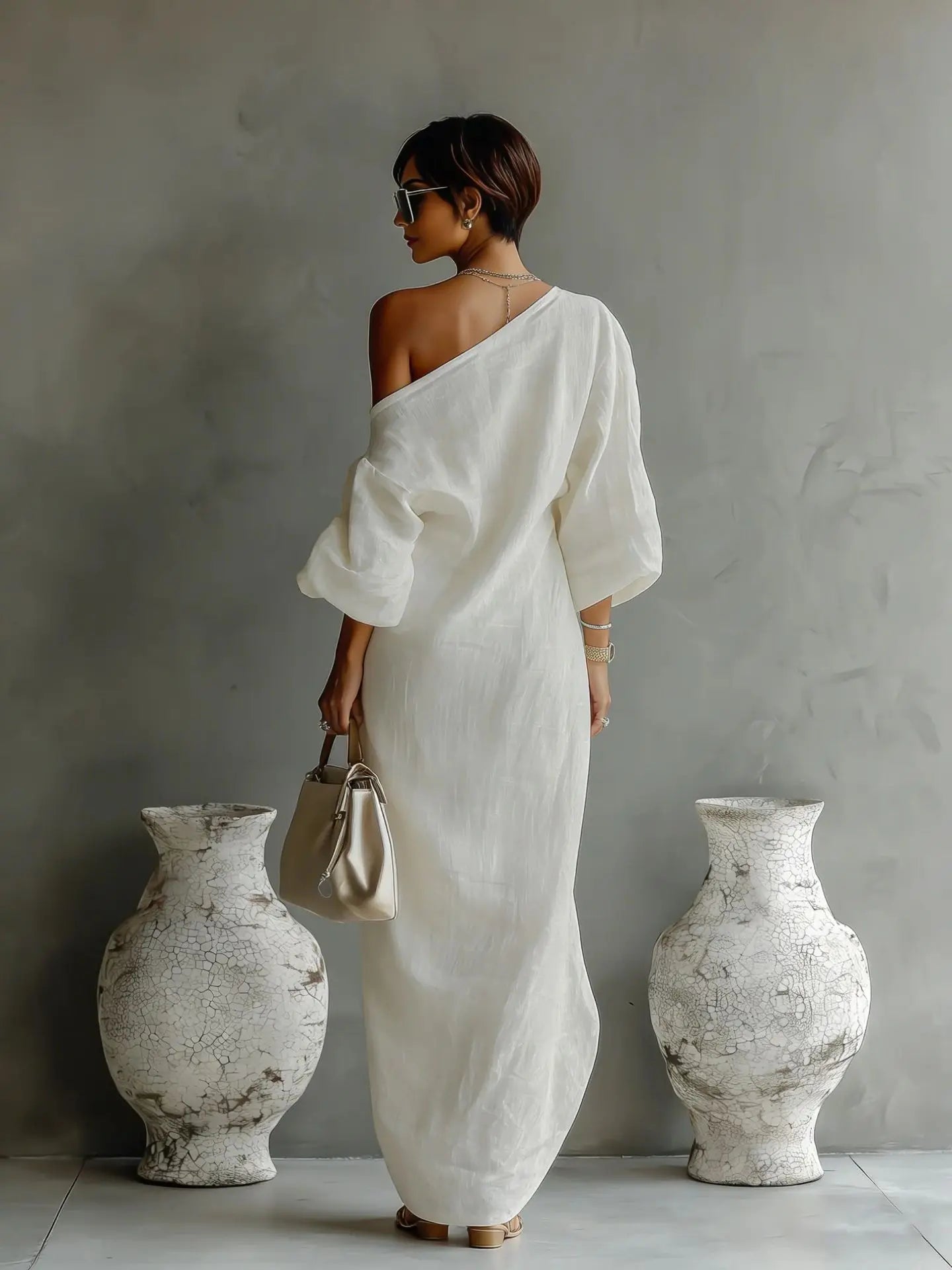 Elegant Linen Maxi Dress for Women with One Shoulder Batwing Sleeve Draped Flowing Style