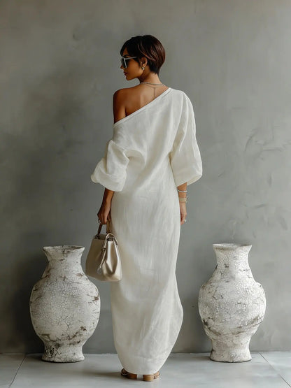 Elegant Linen Maxi Dress for Women with One Shoulder Batwing Sleeve Draped Flowing Style