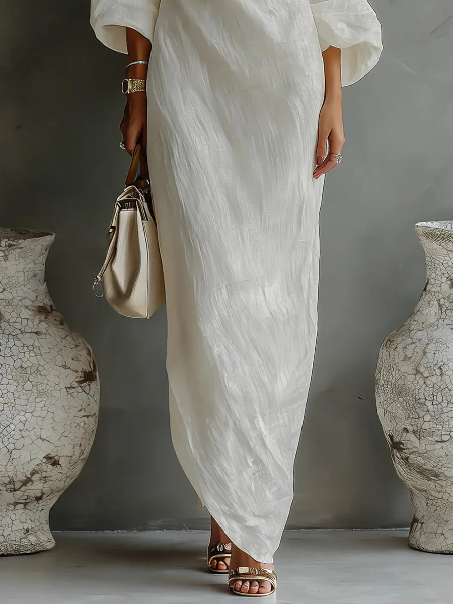 Elegant Linen Maxi Dress for Women with One Shoulder Batwing Sleeve Draped Flowing Style