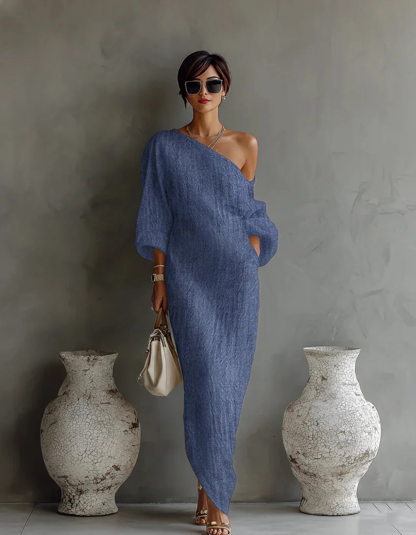 Elegant Linen Maxi Dress for Women with One Shoulder Batwing Sleeve Draped Flowing Style