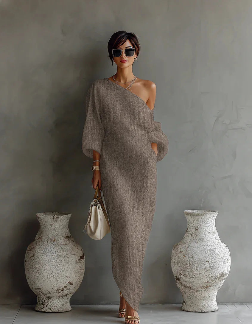 Elegant Linen Maxi Dress for Women with One Shoulder Batwing Sleeve Draped Flowing Style