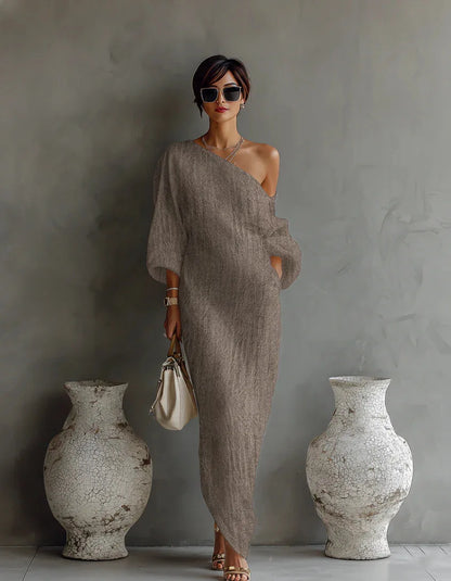 Elegant Linen Maxi Dress for Women with One Shoulder Batwing Sleeve Draped Flowing Style