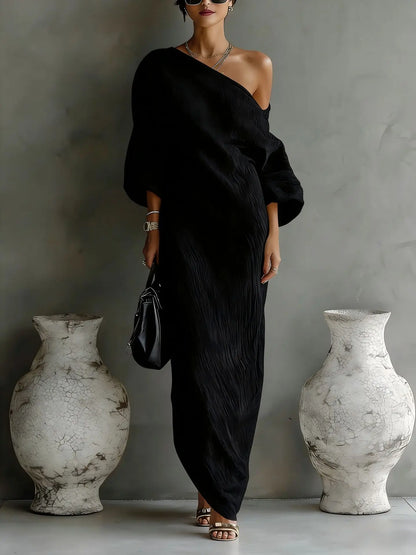 Elegant Linen Maxi Dress for Women with One Shoulder Batwing Sleeve Draped Flowing Style