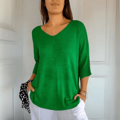 Comfortable Oversized Sweater for Women with V Neck Elbow Sleeve Relaxed Knit Style