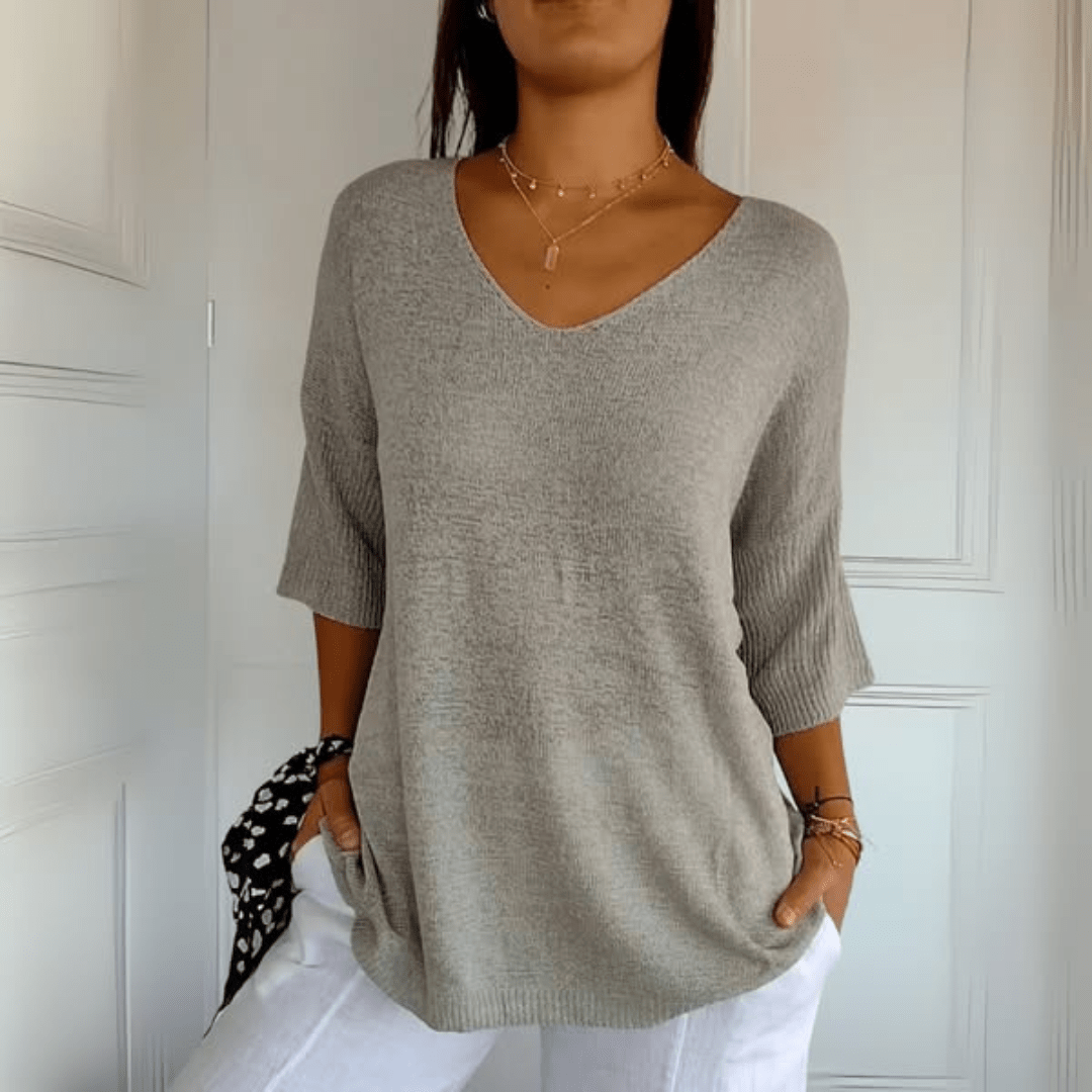 Comfortable Oversized Sweater for Women with V Neck Elbow Sleeve Relaxed Knit Style