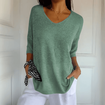 Comfortable Oversized Sweater for Women with V Neck Elbow Sleeve Relaxed Knit Style