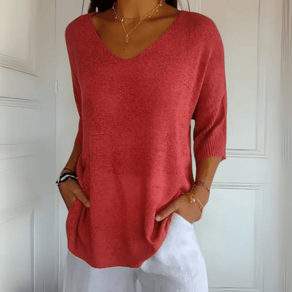 Comfortable Oversized Sweater for Women with V Neck Elbow Sleeve Relaxed Knit Style