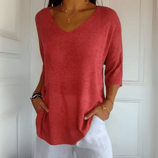 Comfortable Oversized Sweater for Women with V Neck Elbow Sleeve Relaxed Knit Style