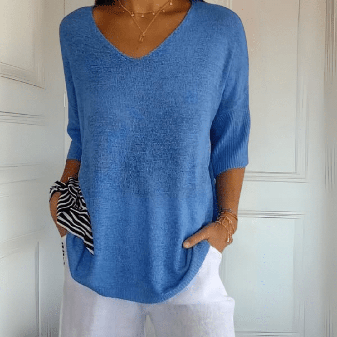 Comfortable Oversized Sweater for Women with V Neck Elbow Sleeve Relaxed Knit Style