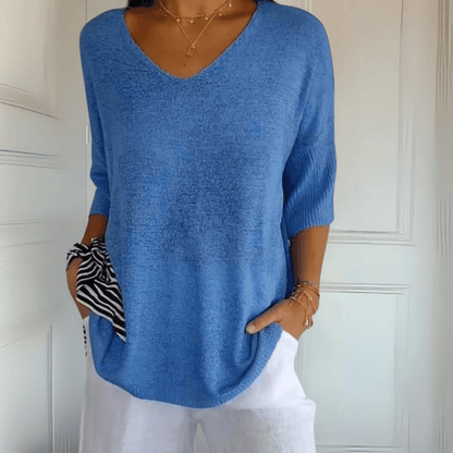 Comfortable Oversized Sweater for Women with V Neck Elbow Sleeve Relaxed Knit Style