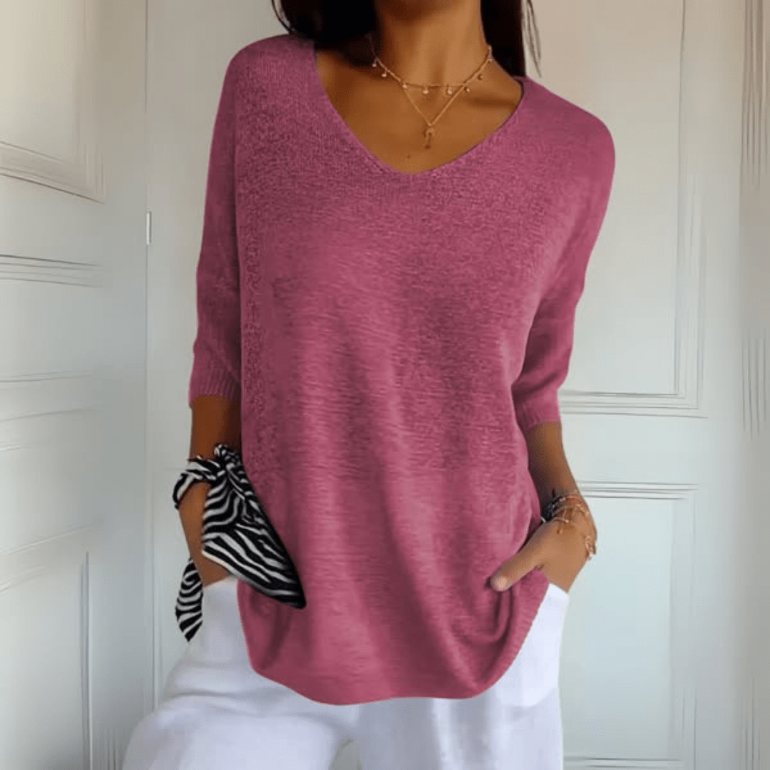 Comfortable Oversized Sweater for Women with V Neck Elbow Sleeve Relaxed Knit Style