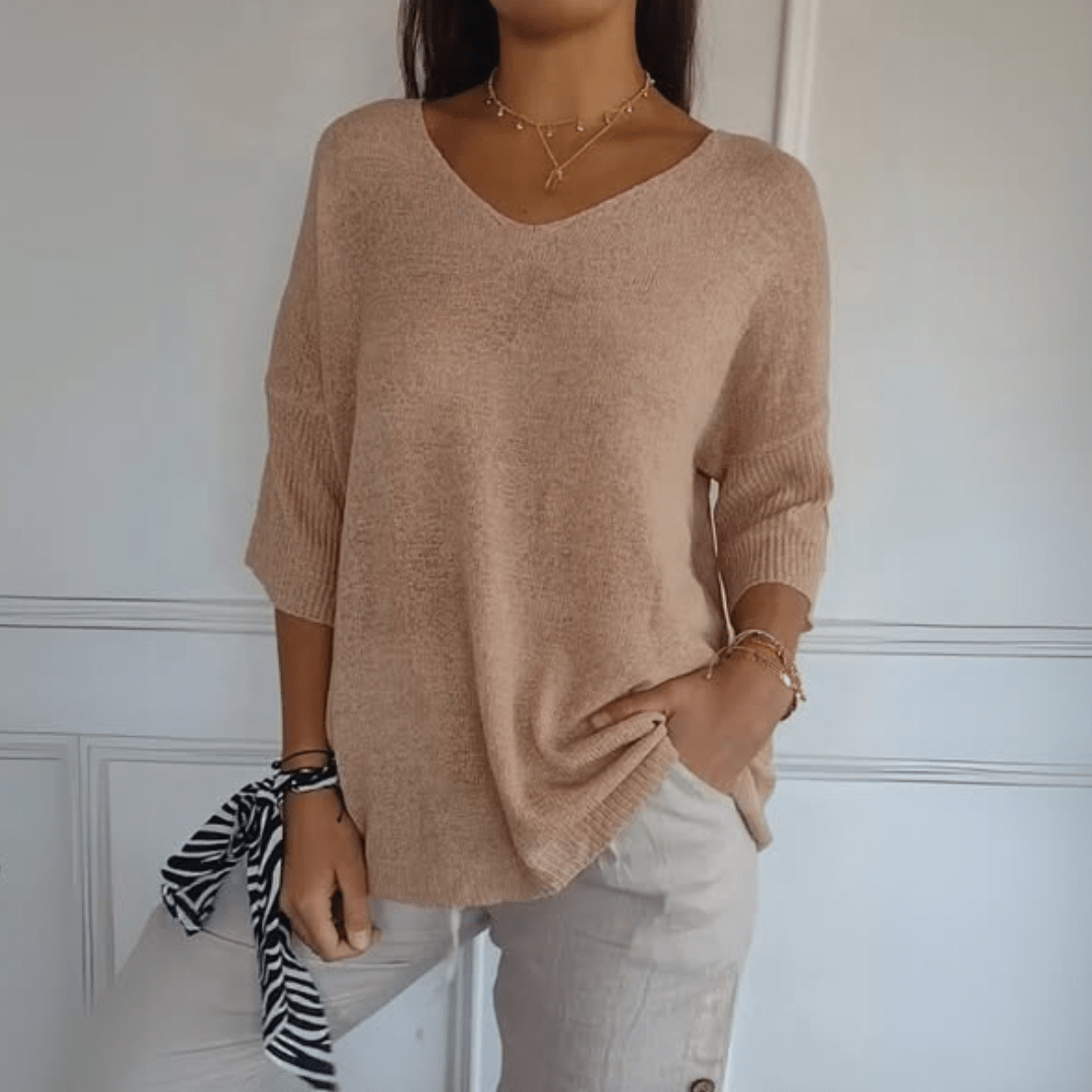 Comfortable Oversized Sweater for Women with V Neck Elbow Sleeve Relaxed Knit Style