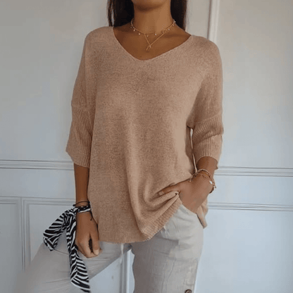 Comfortable Oversized Sweater for Women with V Neck Elbow Sleeve Relaxed Knit Style
