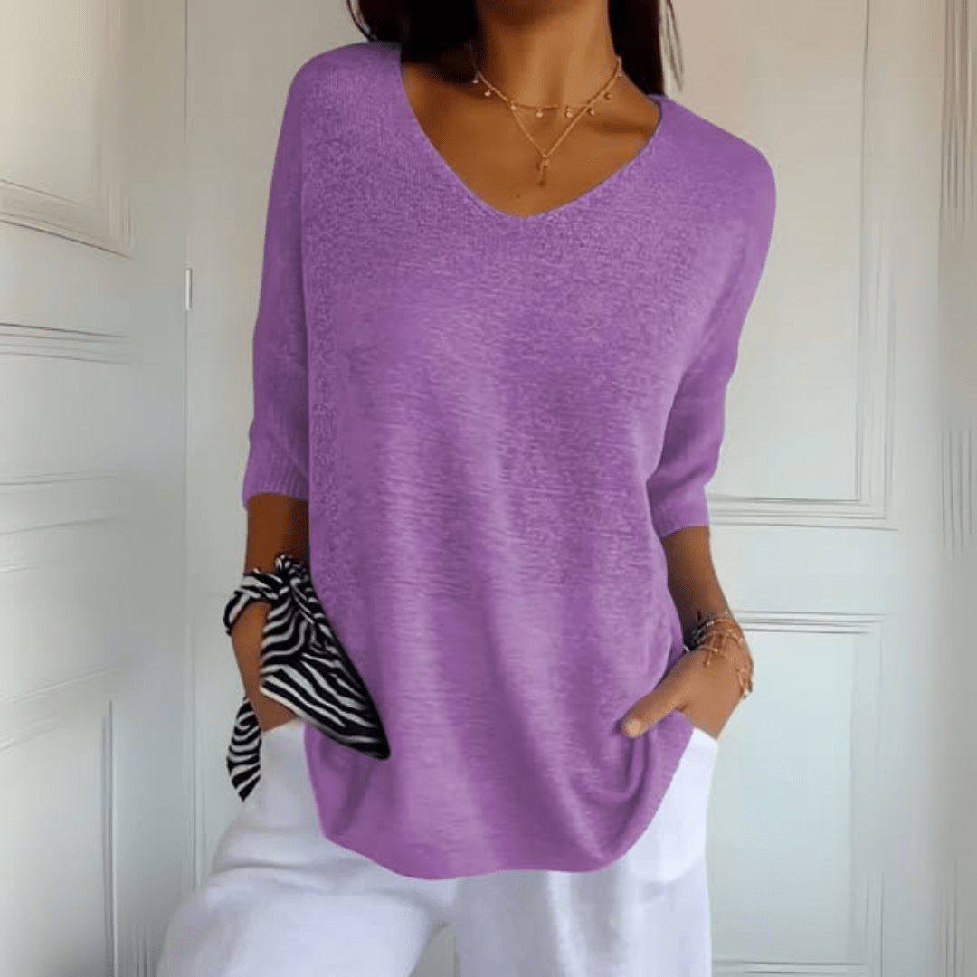 Comfortable Oversized Sweater for Women with V Neck Elbow Sleeve Relaxed Knit Style
