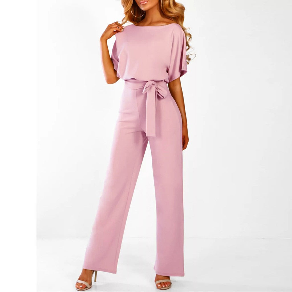 Elegant Wide Leg Jumpsuit for Women with Boat Neck Batwing Sleeve Belted Relaxed Style