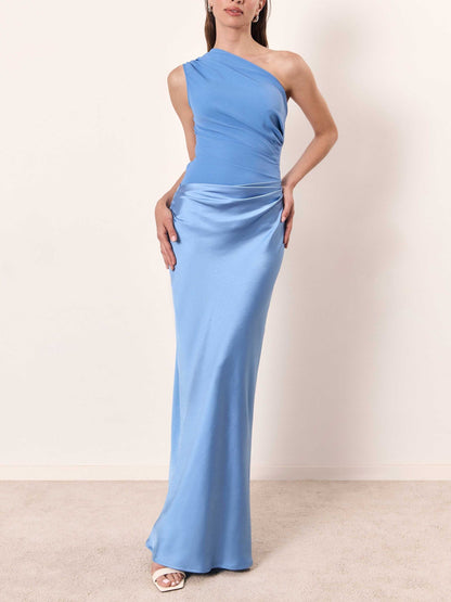 Elegant Satin Maxi Dress for Women with One Shoulder Ruched Mermaid Formal Wedding Guest Style