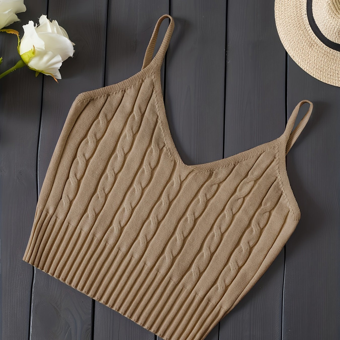 Effortless Cable Knit Tank for Women with V Neck Sleeveless Cropped Ribbed Casual Style