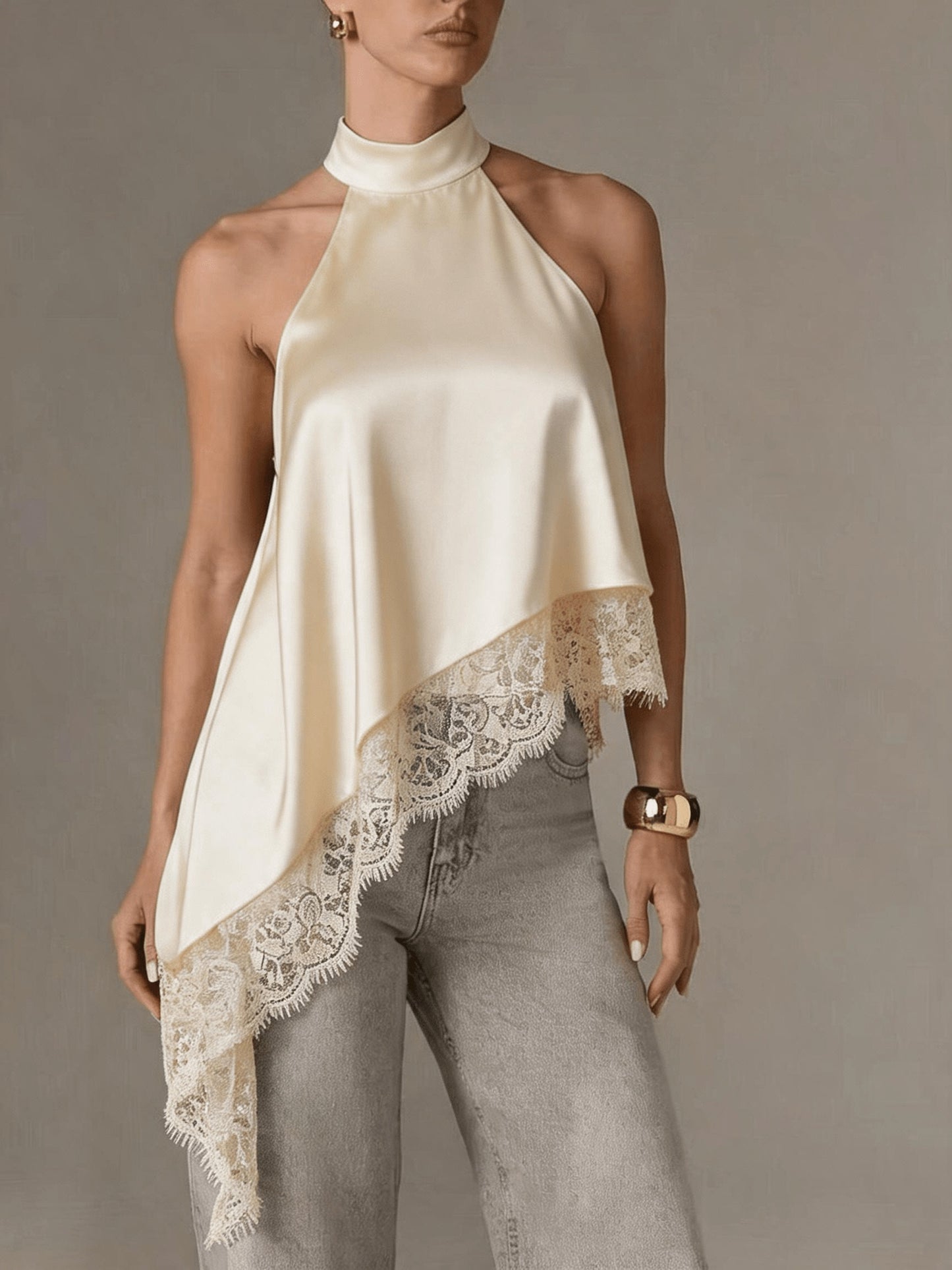 Elegant Satin Blouse for Women with Halter Neck Sleeveless Lace Trim Asymmetric Style