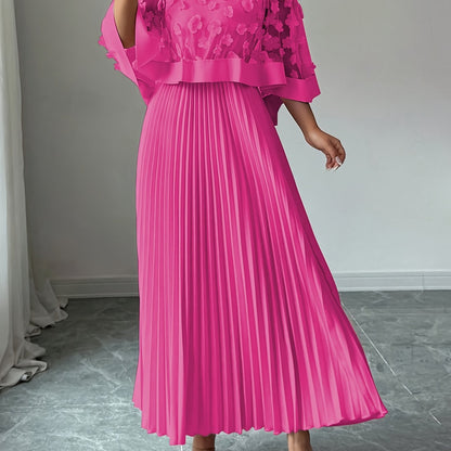 Elegant Floral Mesh Two Piece Set for Women with Round Neck Flutter Sleeve Pleated Maxi Skirt Formal Style